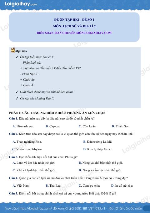 Đề kiểm tra học kì 1 Lịch sử và Địa lí 7 - Đề số 1
